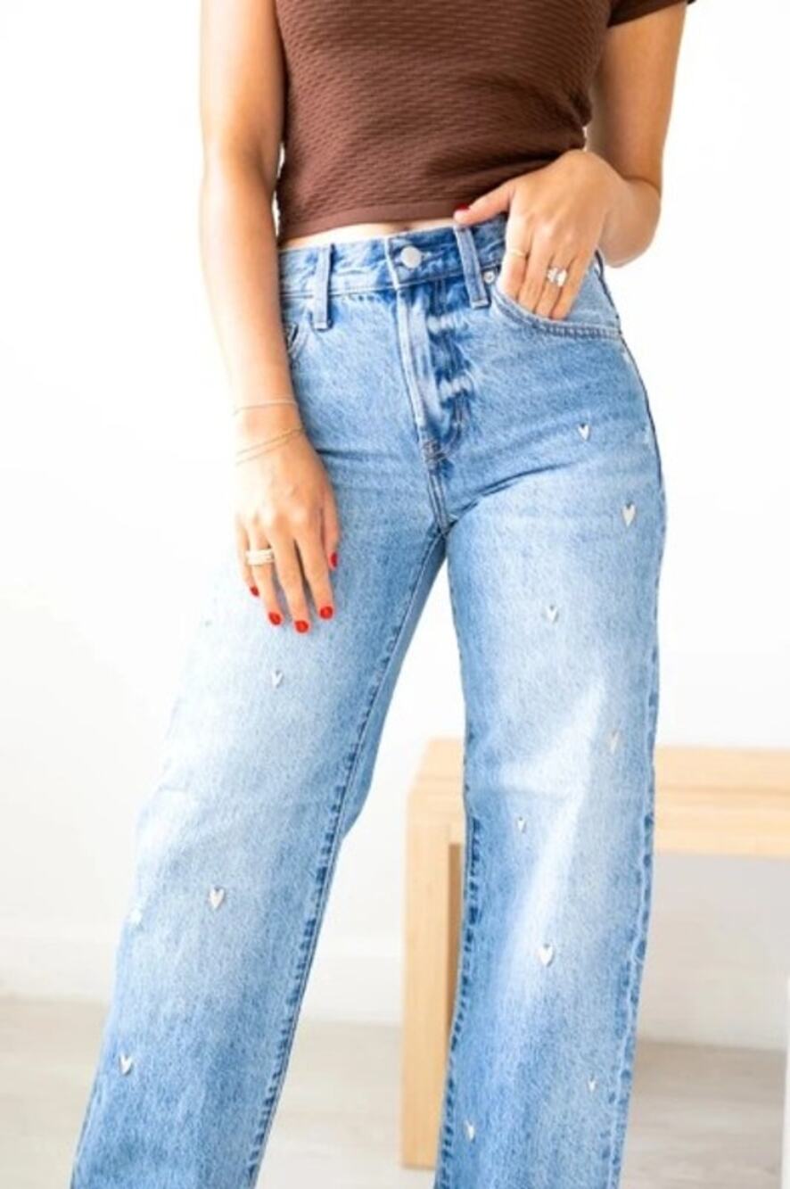 Pistola Lexi Jeans Mid-Rise Bowed Straight Confetti Vintage Heart Embroidery 27